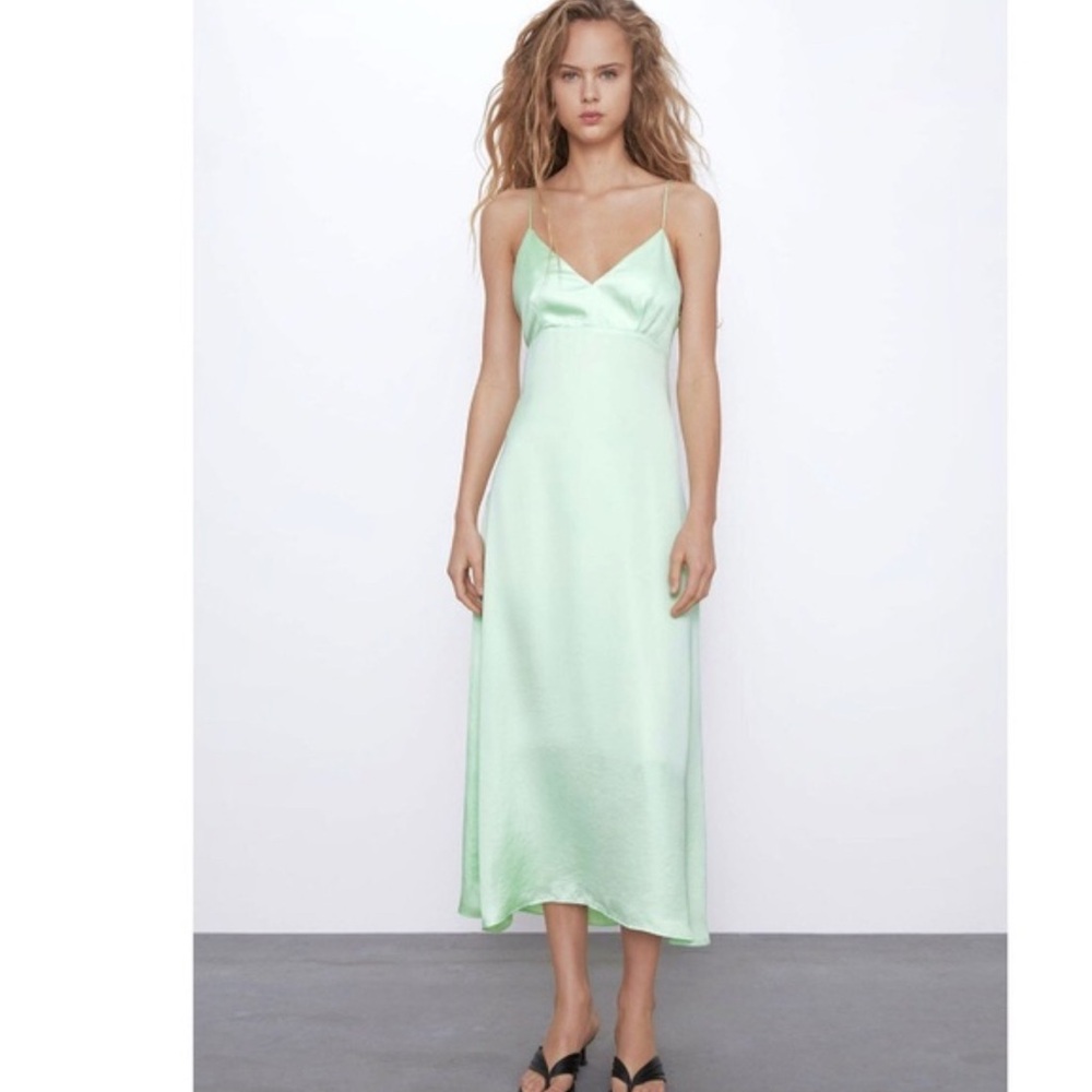 Zara Mint Green Satin Midi Dress – Open Back Cutout | Size XS